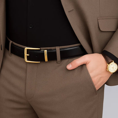 Men’s Reversible Leather Belt – Black & Brown | Gold Rotating Buckle | Two-in-One