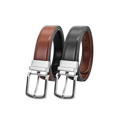 Reversible Genuine Leather Belt – Black & Brown | Silver Rotating Buckle | 2-in-1 Formal Belt